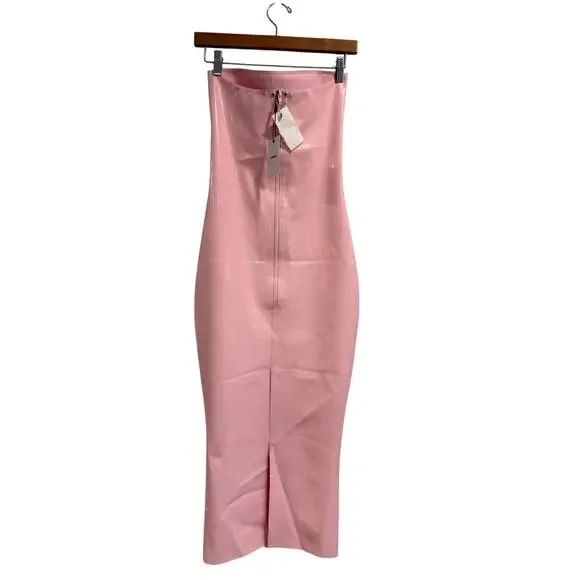 knee length dresses for ladies Pink Halter-Neck Latex Midi Dress